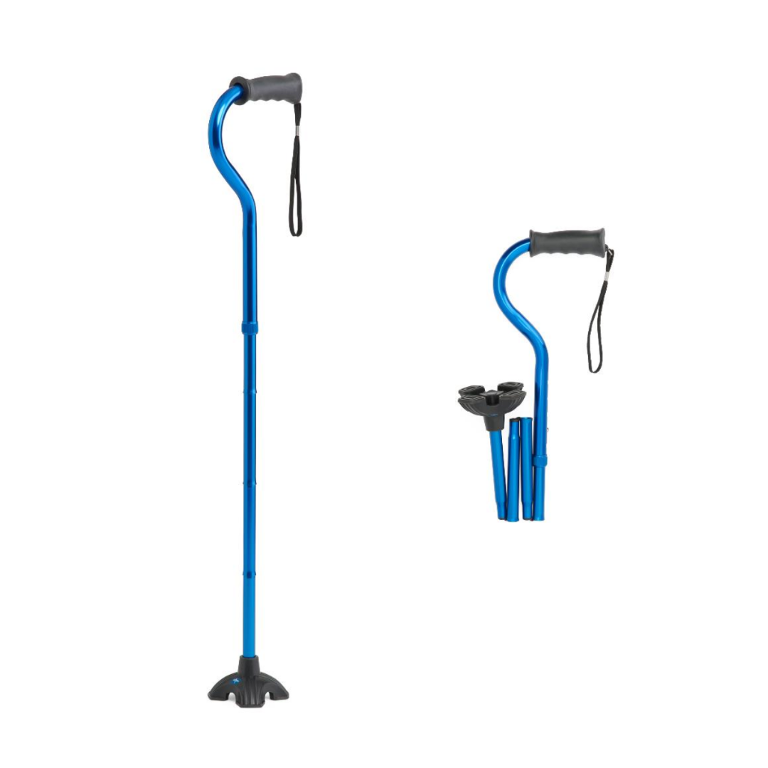 The Medline 4U 4-Point Offset Folding Free-Standing Hybrid Cane features a blue design, adjustable height, black ergonomic offset handle, wrist strap, and four-point base. The image displays the cane both open and folded for compact storage.